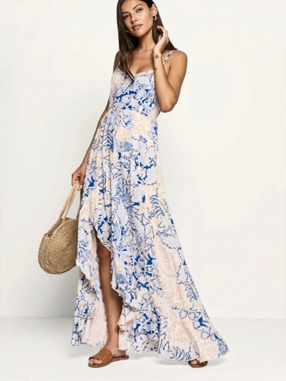 Free People Forever Yours Smocked Slip Maxi Dress M Floral Ruffle Asymmetric